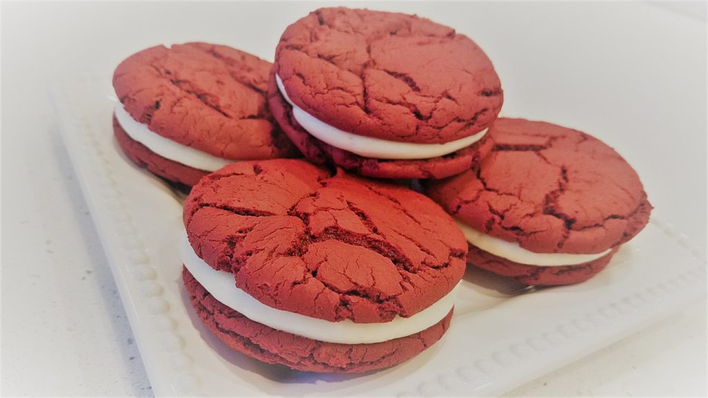 Easy Red Velvet Sandwich Cookies with light and Fluffy Cream Cheese Frosting