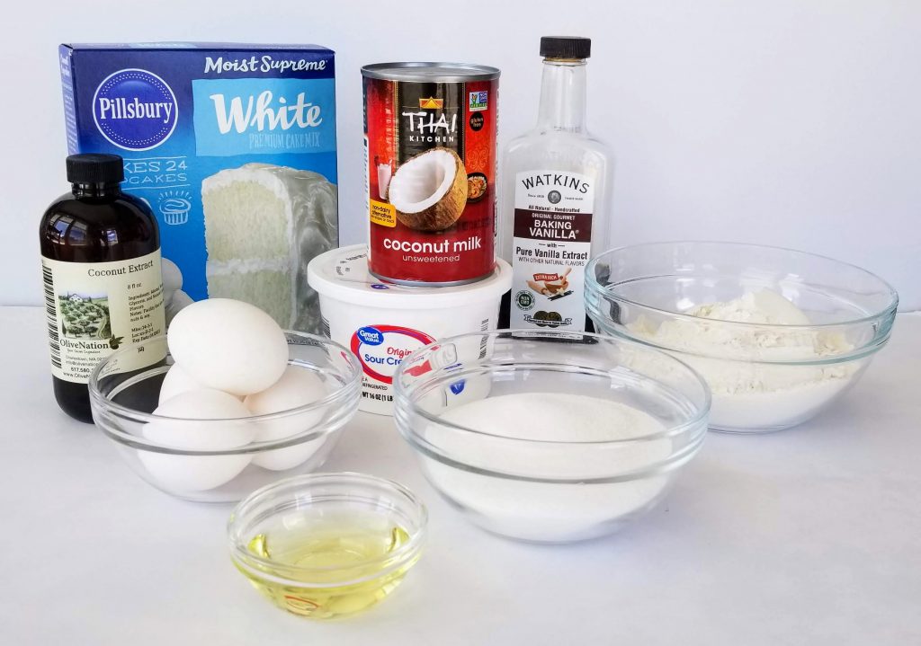 Ingredients for Coconut Cake Batter:
Pillsbury White Cake mix, Coconut Milk, Sour Cream, Flour, Sugar, Vegetable Oil, Egg Whites, Vanilla & Coconut Extract