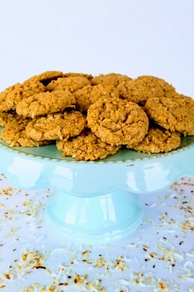 Chewy Coconut Oatmeal Cookies on a Cake Stand