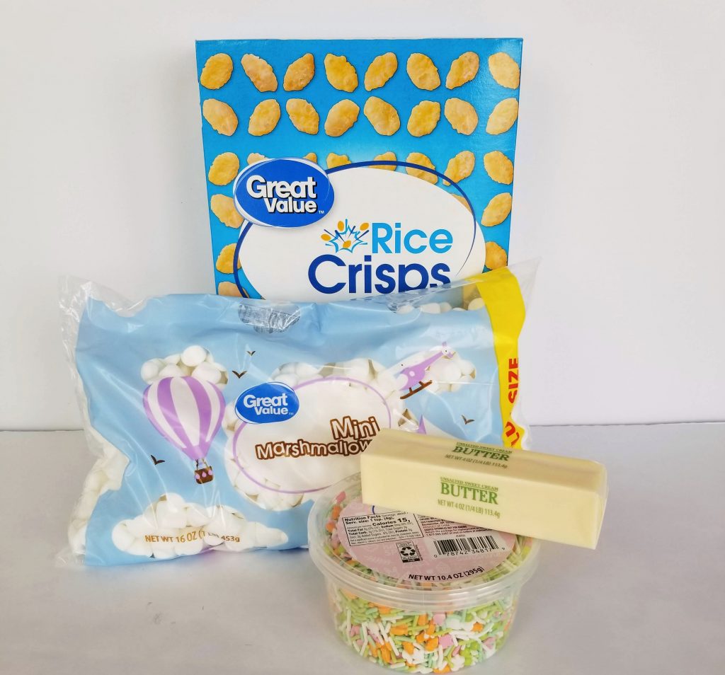 Ingredients to make Easter Rice Crispy Treats. Including: Rice Cereal, Marshmallows, Butter and Sprinkles