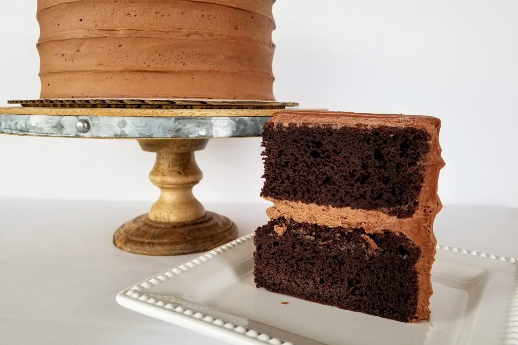 A slice of Easy Moist Dark Chocolate Cake