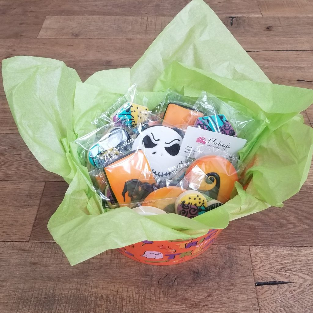 Heat Sealed Nightmare Before Christmas Cookies in a gift basket