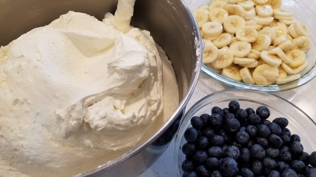 Whipped Cream, Bananas and Blueberries prepped for pie