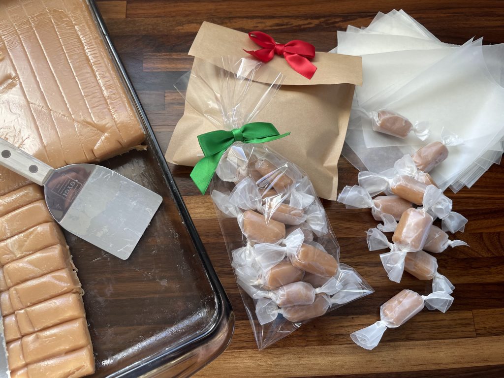 Soft & Chewy Homemade Vanilla Caramels wrapped and packaged.