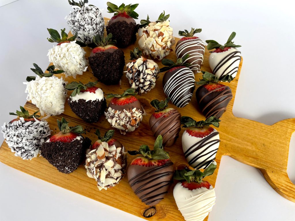 Gourmet Chocolate Covered Strawberries on a Custom Made Cutting Board